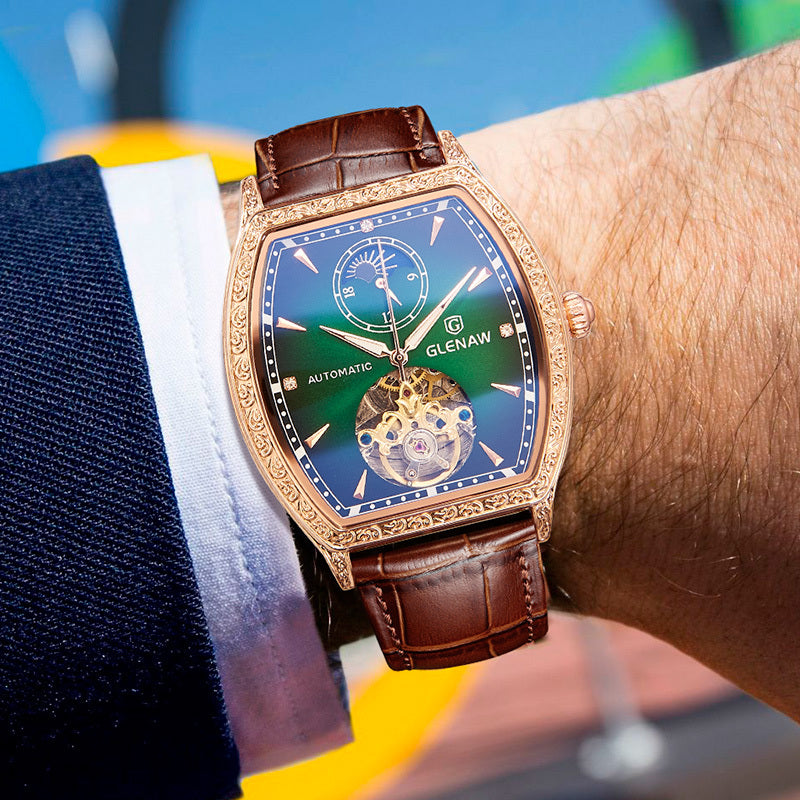 "Noir Elegance — Leather-Strapped Luminous Skeleton Masterpiece"