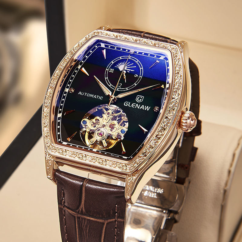 "Noir Elegance — Leather-Strapped Luminous Skeleton Masterpiece"