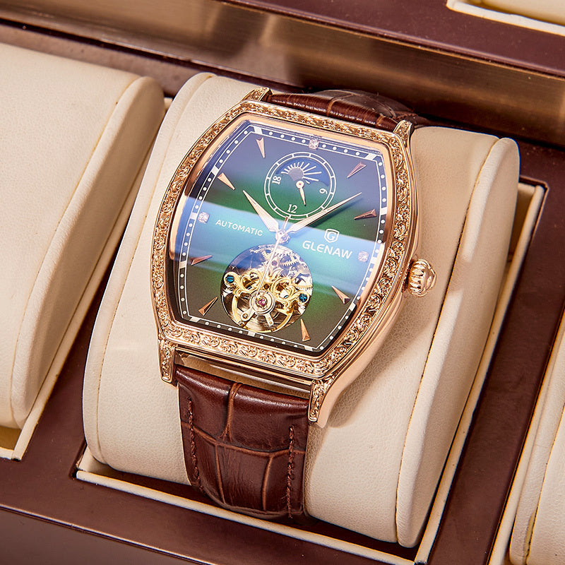 "Noir Elegance — Leather-Strapped Luminous Skeleton Masterpiece"