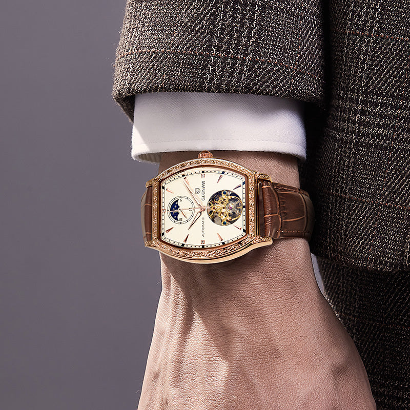 "Noir Elegance — Leather-Strapped Luminous Skeleton Masterpiece"