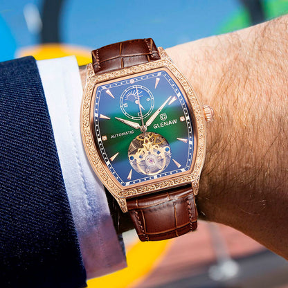 "Noir Elegance — Leather-Strapped Luminous Skeleton Masterpiece"