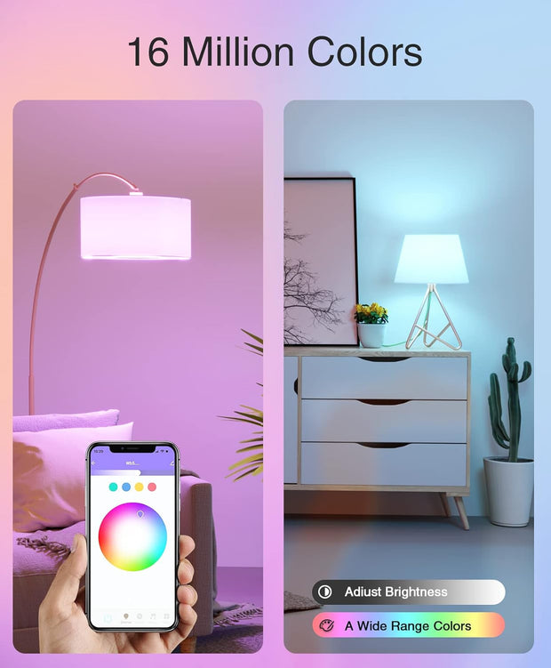WB5 Alexa Light Bulbs, A19 E26 Color Changing Wifi Led Bulb Dimmable Tunable White 2700K~6500K, 800 Lumens, Works with Amazon Echo, Google Home, No Hub Required, 2.4Ghz Only, 4 Pack