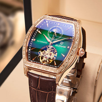 "Noir Elegance — Leather-Strapped Luminous Skeleton Masterpiece"