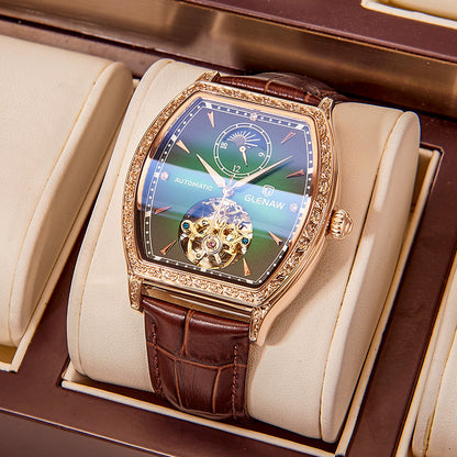 "Noir Elegance — Leather-Strapped Luminous Skeleton Masterpiece"