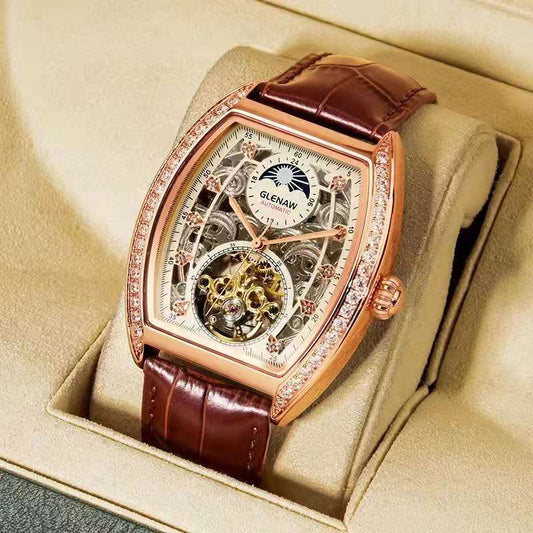 "Noir Elegance — Leather-Strapped Luminous Skeleton Masterpiece"
