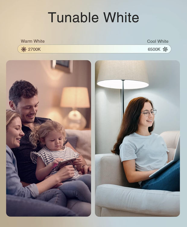 WB5 Alexa Light Bulbs, A19 E26 Color Changing Wifi Led Bulb Dimmable Tunable White 2700K~6500K, 800 Lumens, Works with Amazon Echo, Google Home, No Hub Required, 2.4Ghz Only, 4 Pack