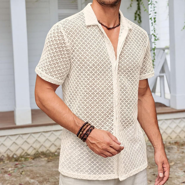 Summer Mesh Short Sleeve Shirt Fashion Solid Color Lapel Shirt Tops Beach Men Clothing